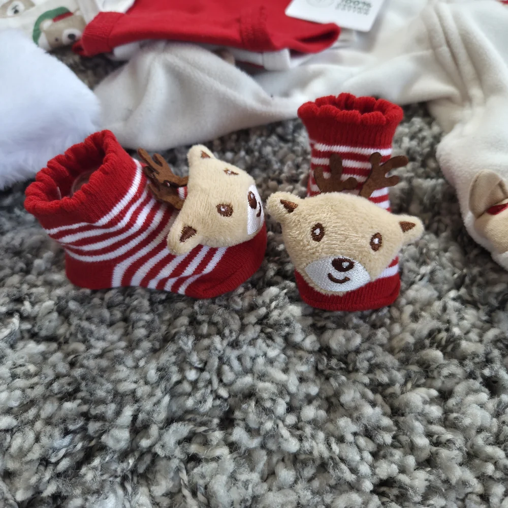 Holiday 1st Christmas Outfit Bundle Reindeer Bodysuit Set - Red and Cream